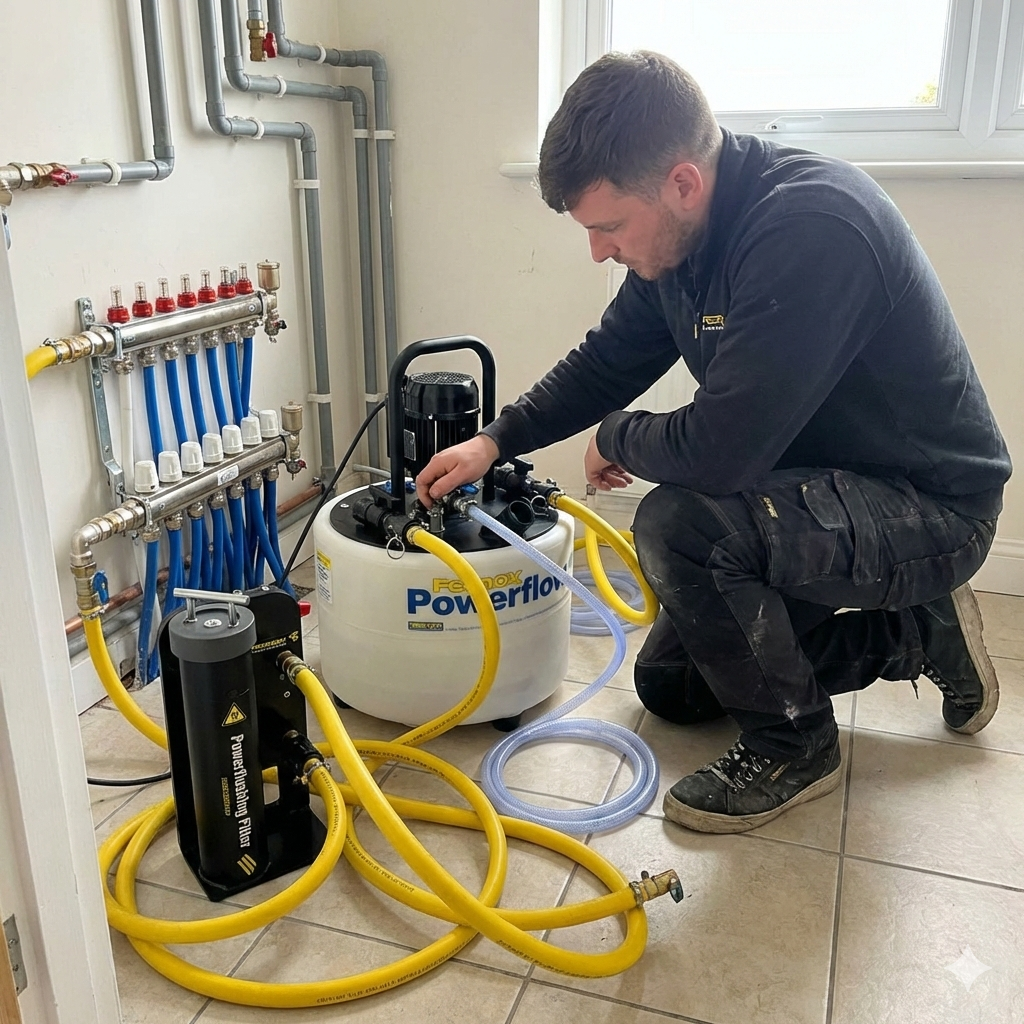 Een gecertificeerde monteur gebruikt industriële apparatuur voor het doorspoelen van leidingen.